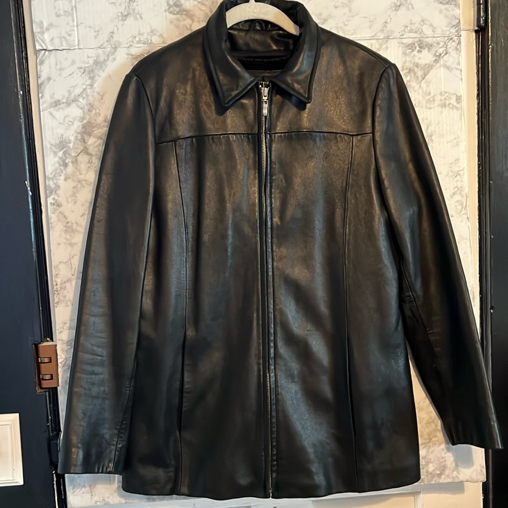 Ladies Ambition New York Black Leather Car Coat Size L Zip Out Lining